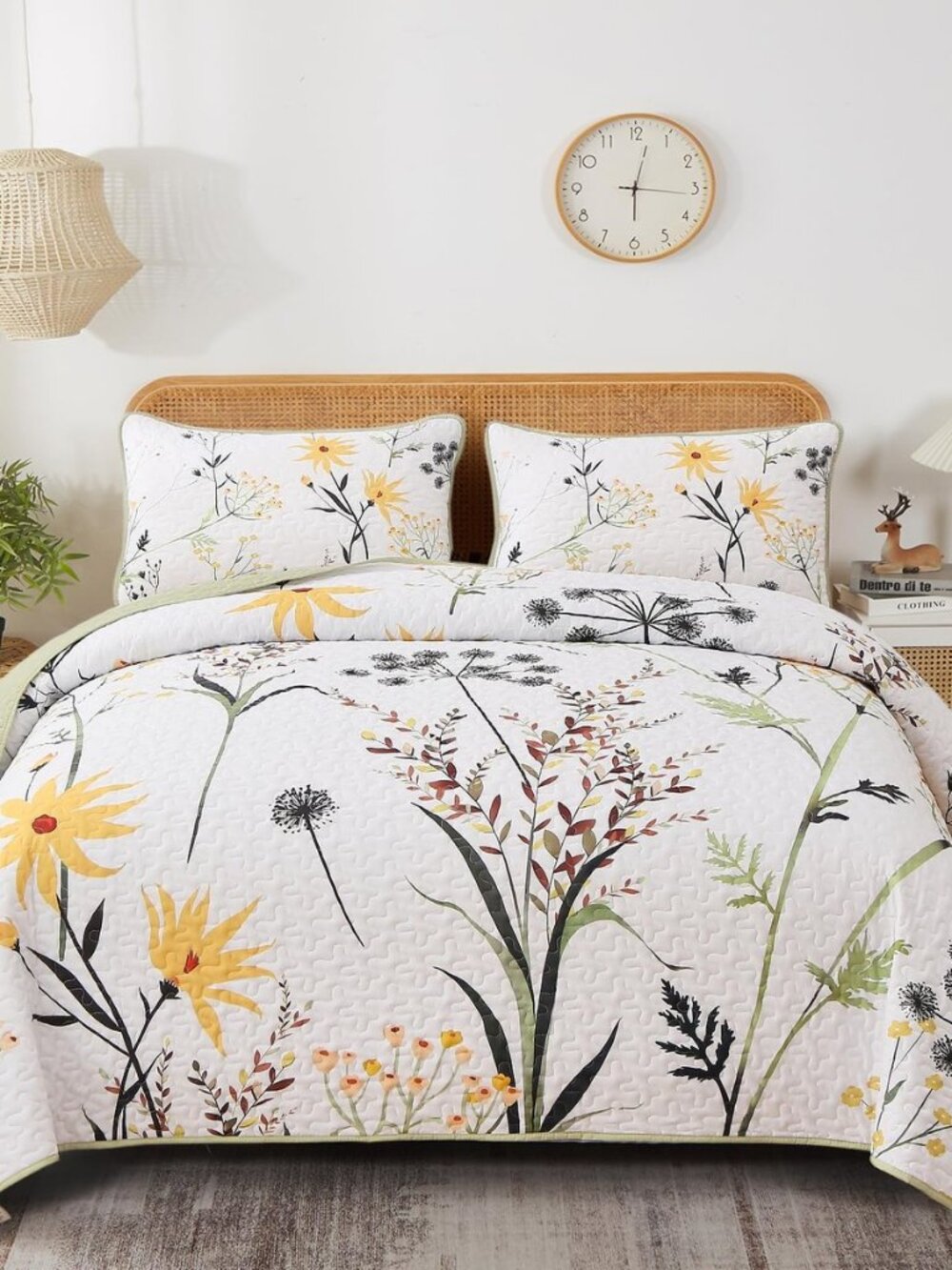 Sage Green Floral Quilt Set Queen Size Yellow White Botanical Quilt